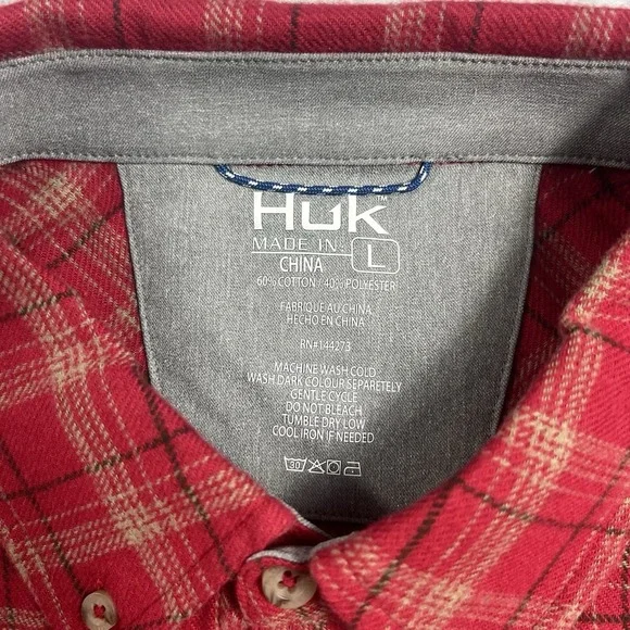 Huk Shirt Mens L Flannel Red Plaid Fishing Outdoor Hiking Utility Roll Tab EUC - Picture 2 of 7